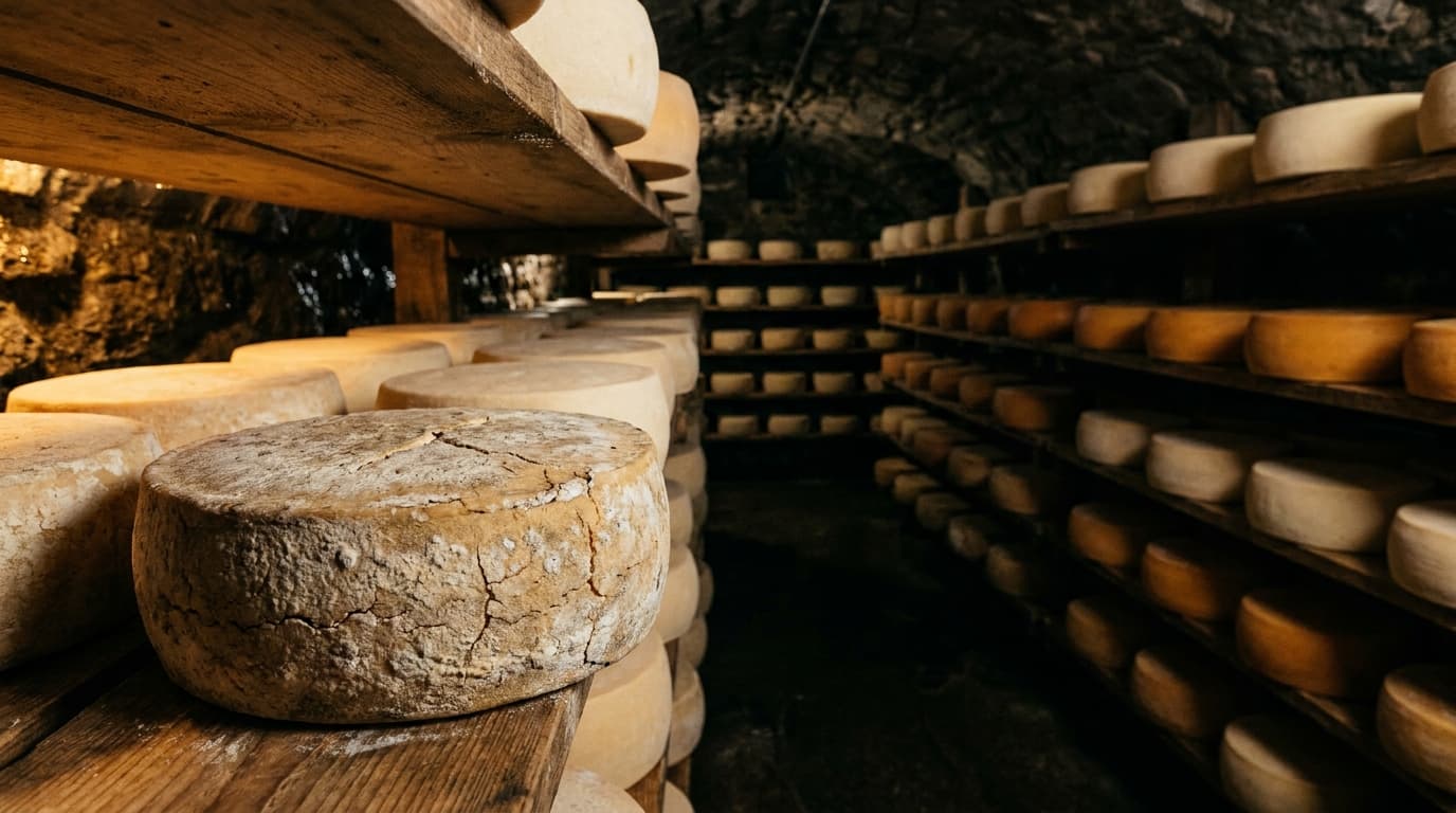 A natural cave aging cellar with shelves of cheese wheels of different styles