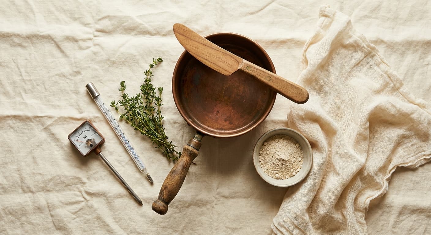 Overhead flat-lay of cheesemaking tools