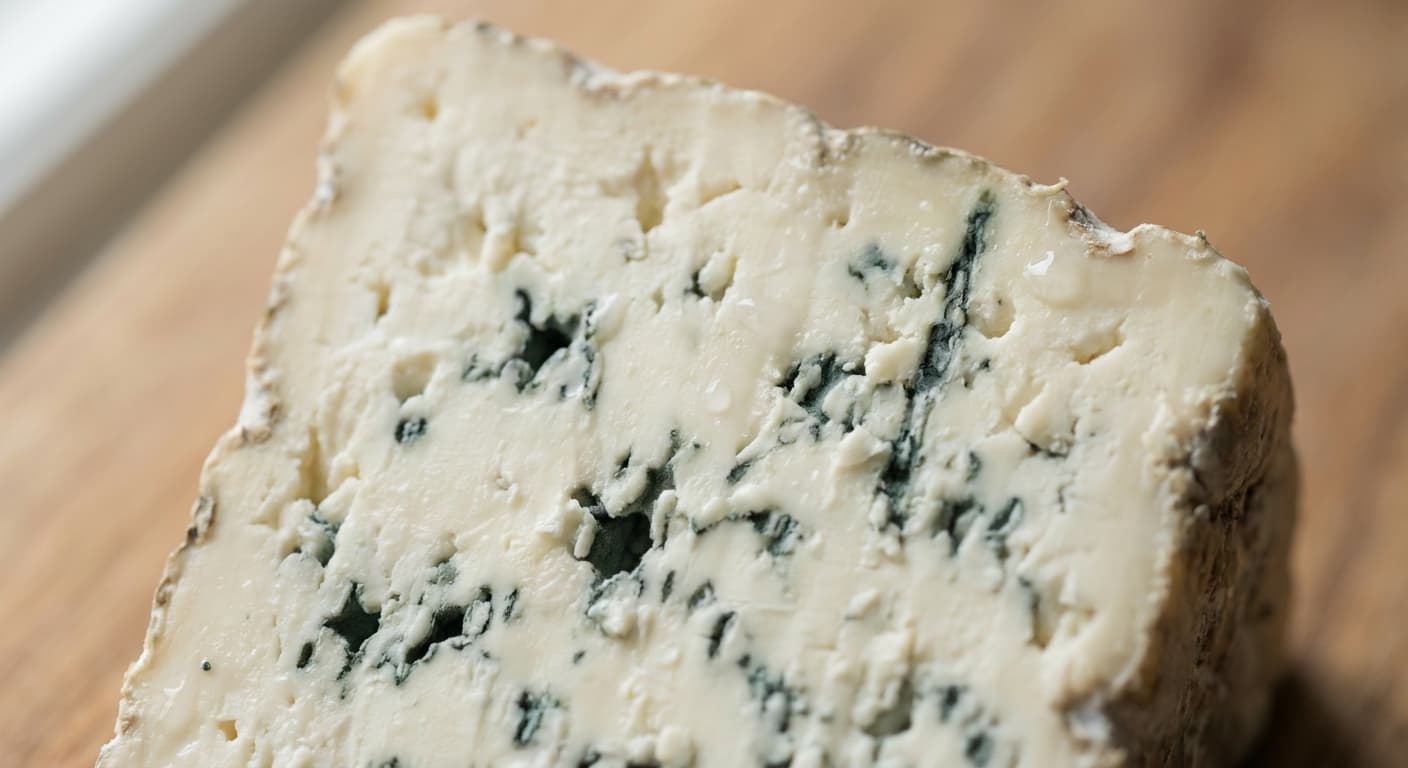 Blue cheese cross-section showing veining through creamy paste