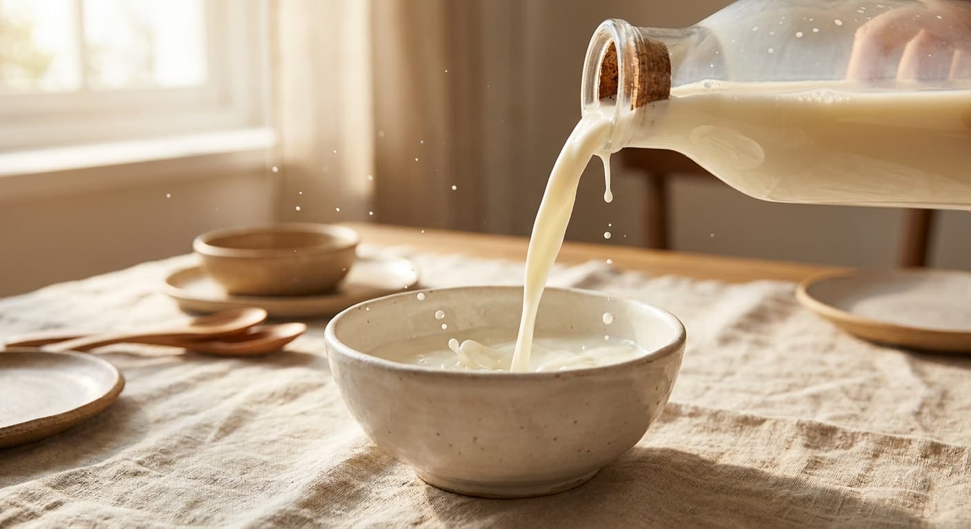 Fresh milk pouring from a glass bottle into a ceramic bowl