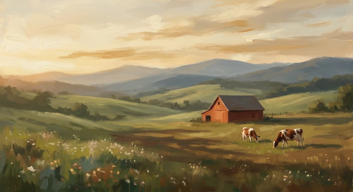 Rolling pasture at golden hour with dairy cows and a farm building