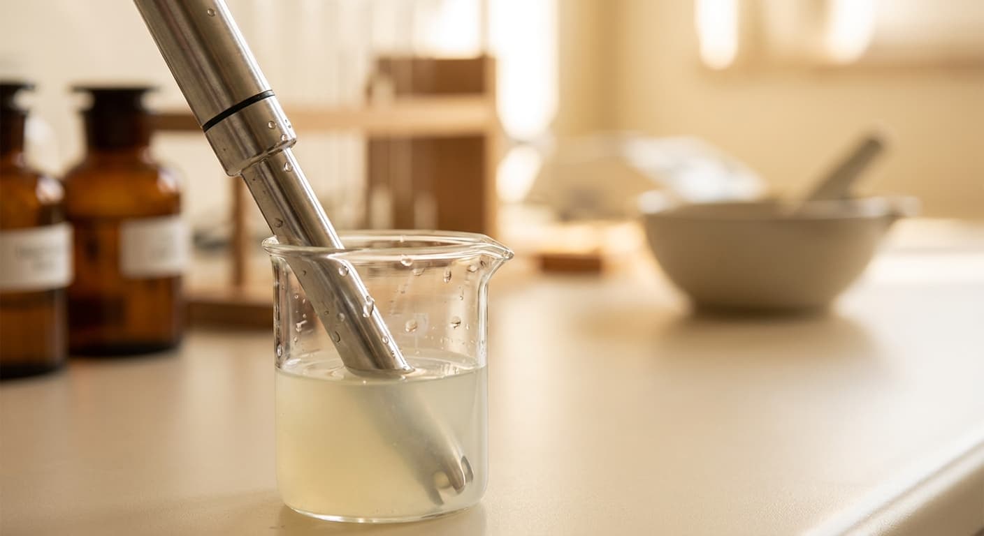 A pH meter probe submerged in a beaker of cheese whey in a warm laboratory setting