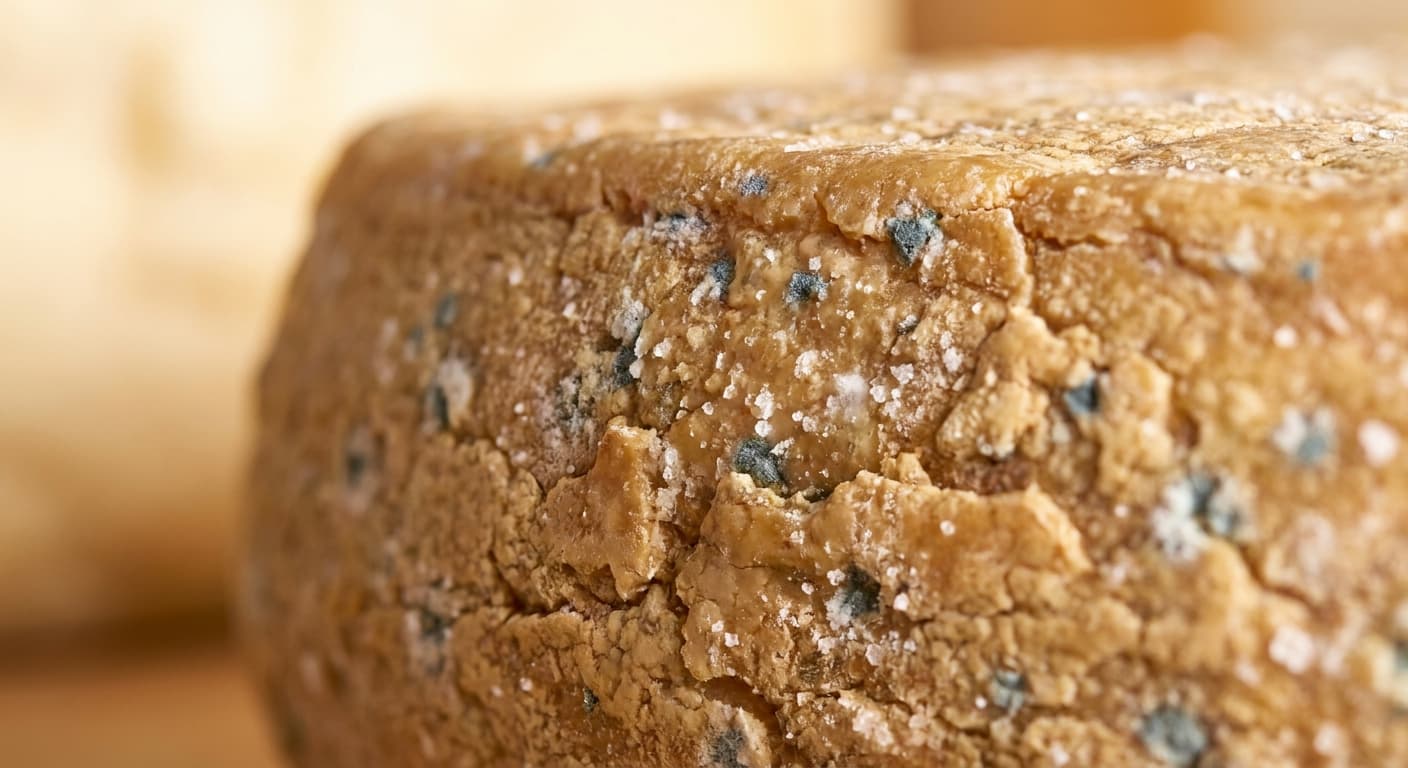 Macro close-up of an aged cheese rind with salt bloom