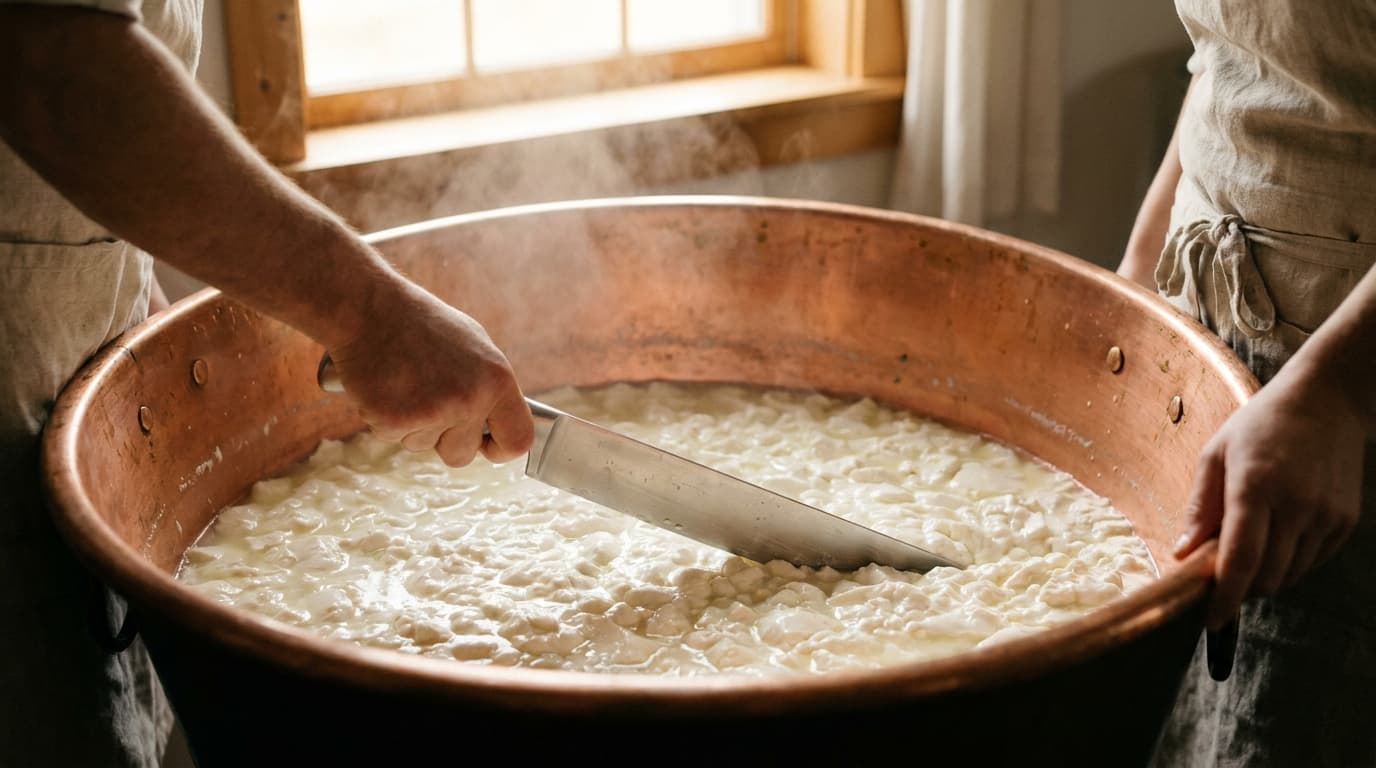 Artisan cheesemakers cutting fresh curds in a copper vat