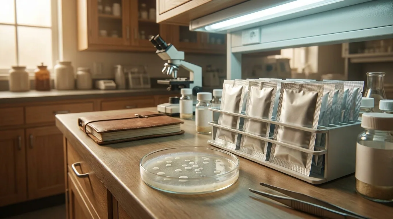 Neat rows of labelled dairy starter-culture sachets and petri plates with visible bacteriophage plaque assay circles, arranged on a stainless microbiology bench