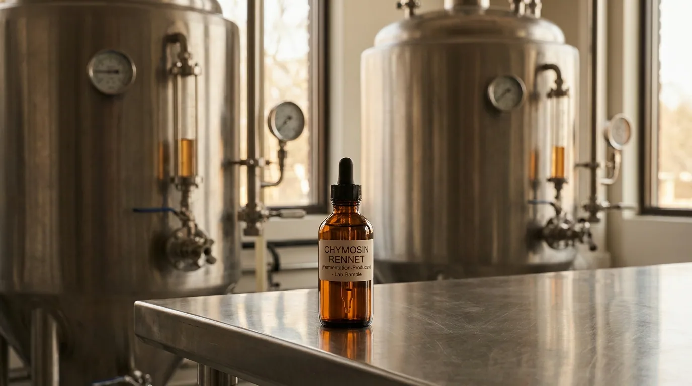 A small glass bottle of fermentation-produced chymosin rennet on a clean lab bench, with stainless bioreactor fermentation tanks softly out of focus behind it