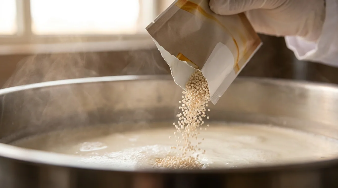Freeze-dried lactic acid bacteria starter culture pellets being tipped from a foil sachet into a stainless cheesemaking vat, steam rising off warm milk