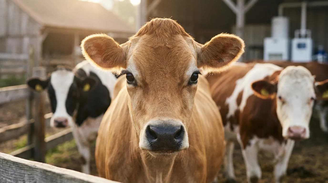 Close portrait of a Jersey cow in soft morning light, with a Holstein and a Montbéliarde grazing softly out of focus behind her