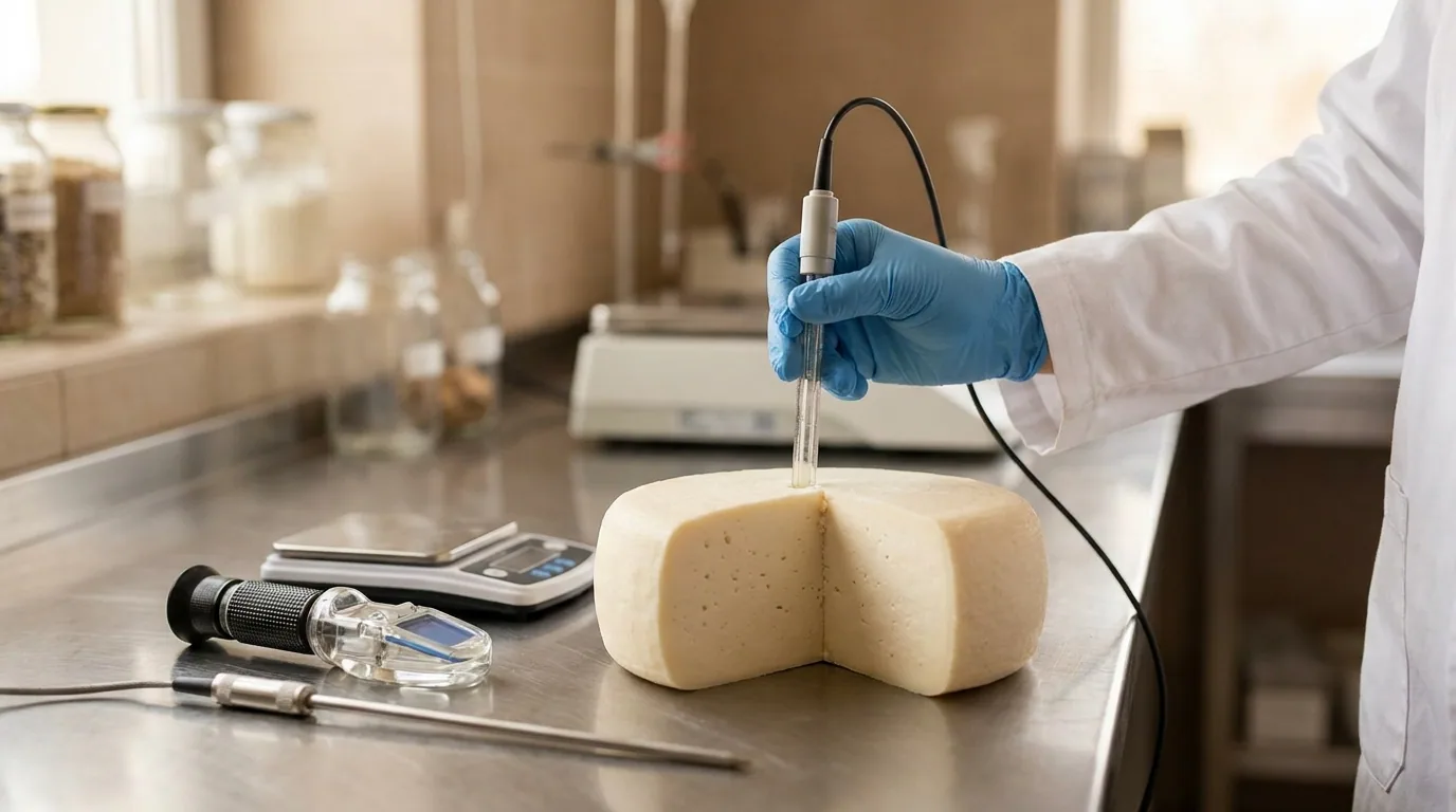 A gloved hand holding a calibrated pH meter probe pressed into the cut face of a fresh cheese wheel, with a refractometer and salt scales on a clinical dairy lab bench