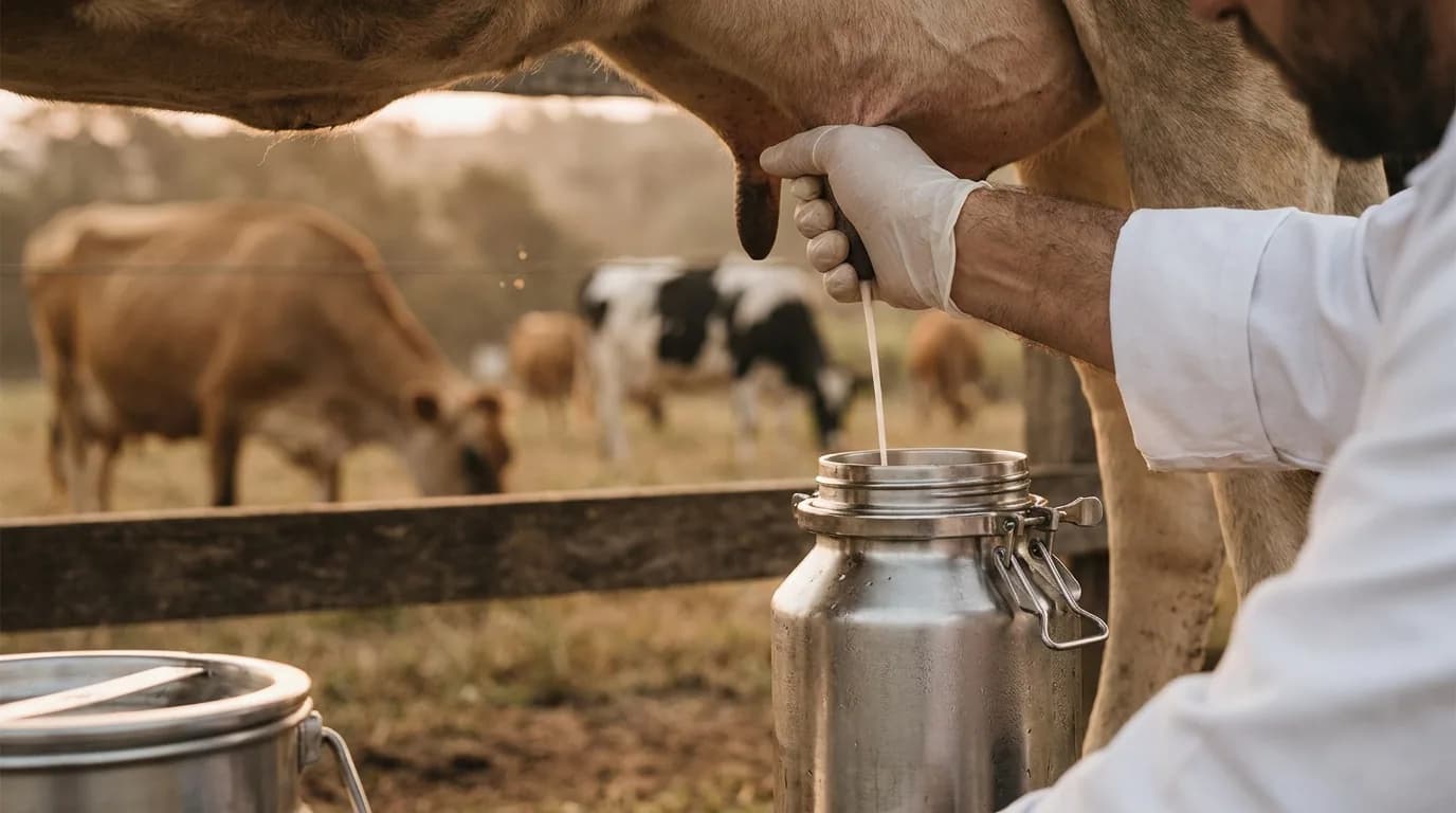 Fresh raw milk being drawn into a sterile sample jar at a dairy at golden hour, Jersey cows softly out of focus in the background