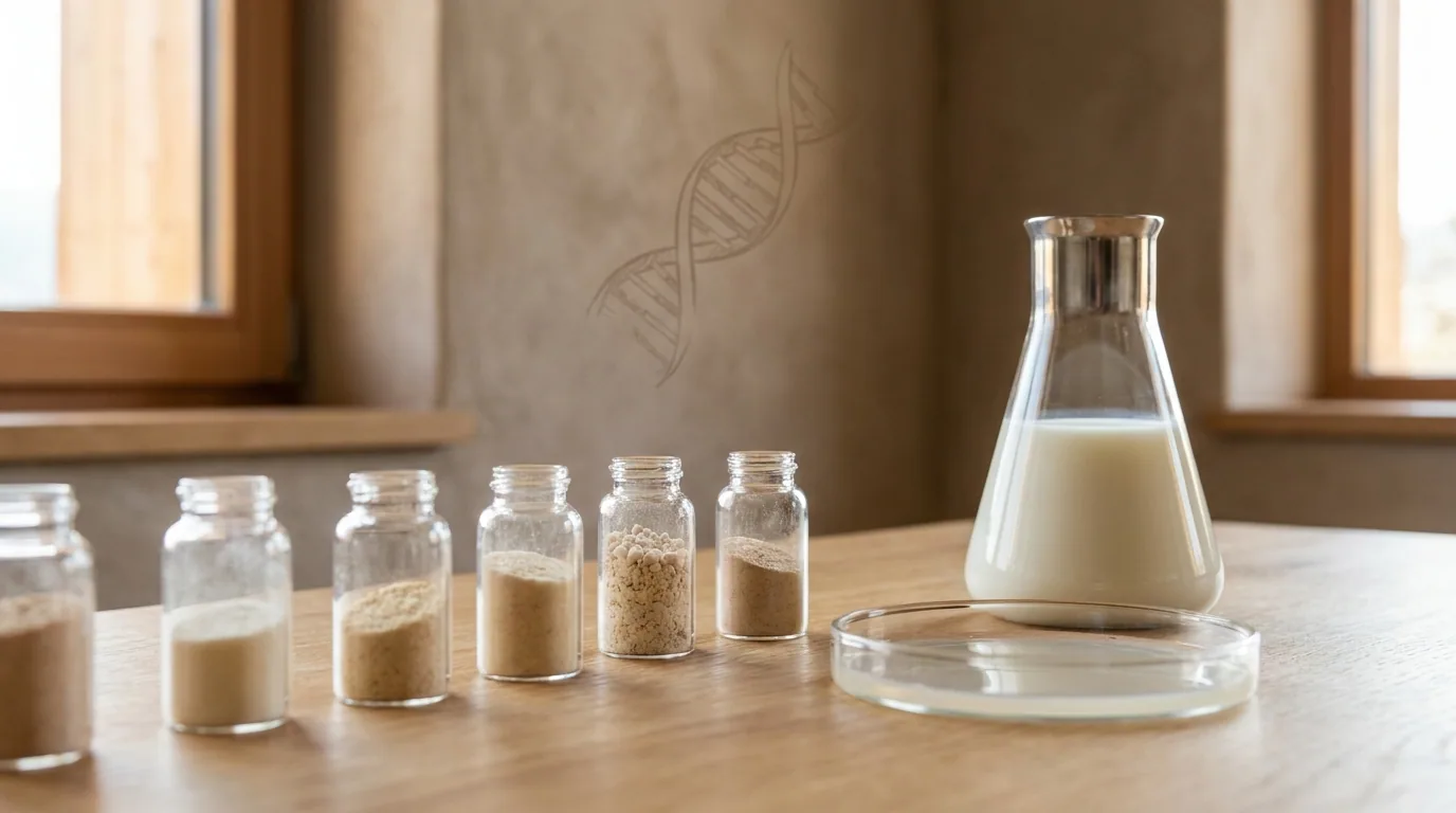 Editorial flat-lay of a dairy microbiology workbench — labelled starter-culture vials, a milk sample flask, and a sterile petri plate
